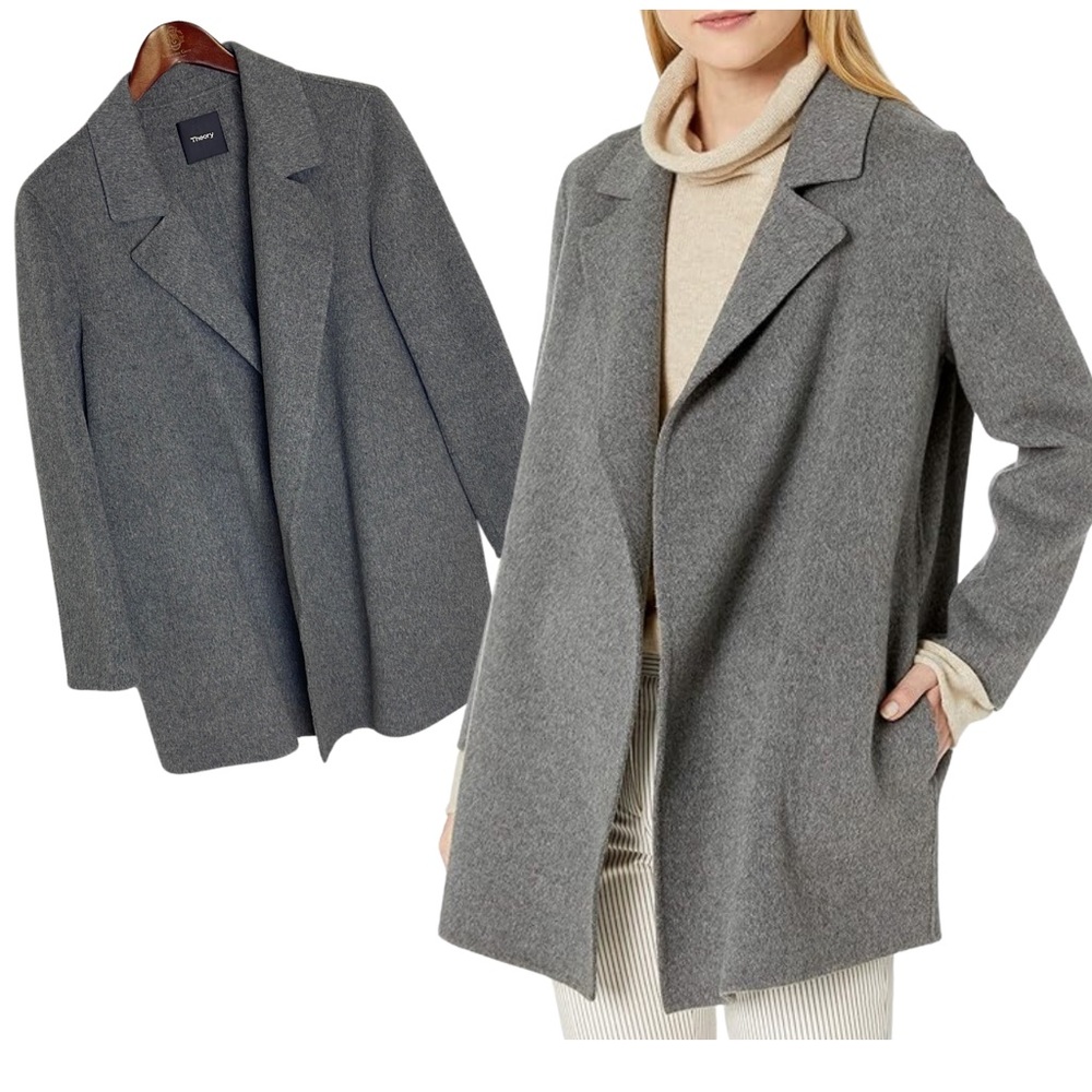 THEORY Clairene Jacket in Double-Face Wool-Cashmere open Front Size L Grey